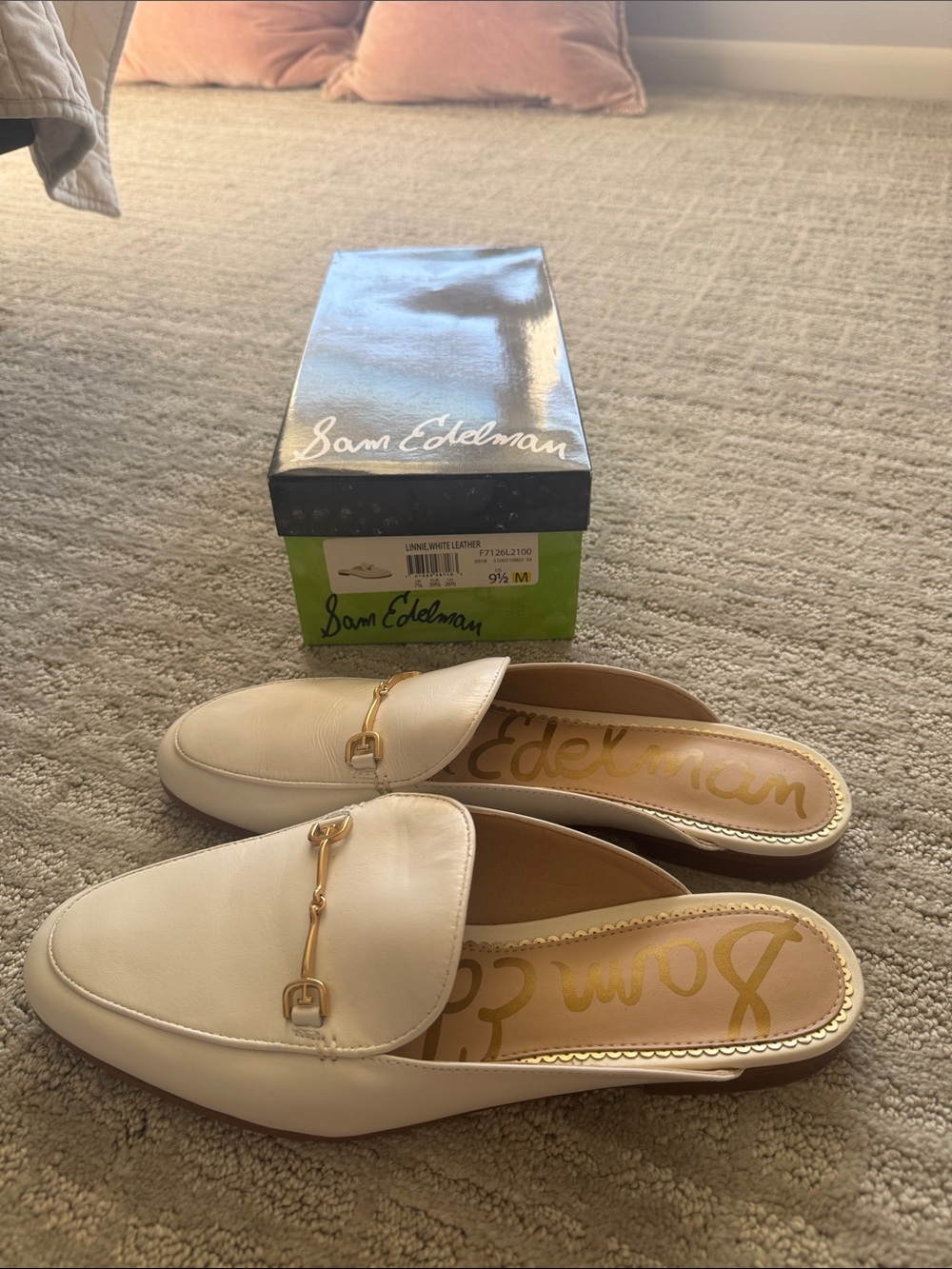 Sam Edelman Linnie White Leather Backless Loafers with Gold Hardware